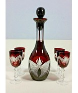 Vintage Ruby Red Cut to Clear Bohemian Glass Decanter Wine Set Cordial S... - £102.21 GBP