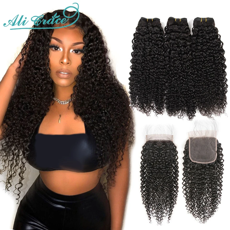 Ali Grace Brazilian Kinky Curly Hair Bundles With 4x4 Lace Closure 100% Remy - £125.01 GBP+