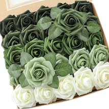 Artificial Flowers 25Pcs Real Looking Forest Green Ombre Colors Foam Fake Roses - £25.94 GBP