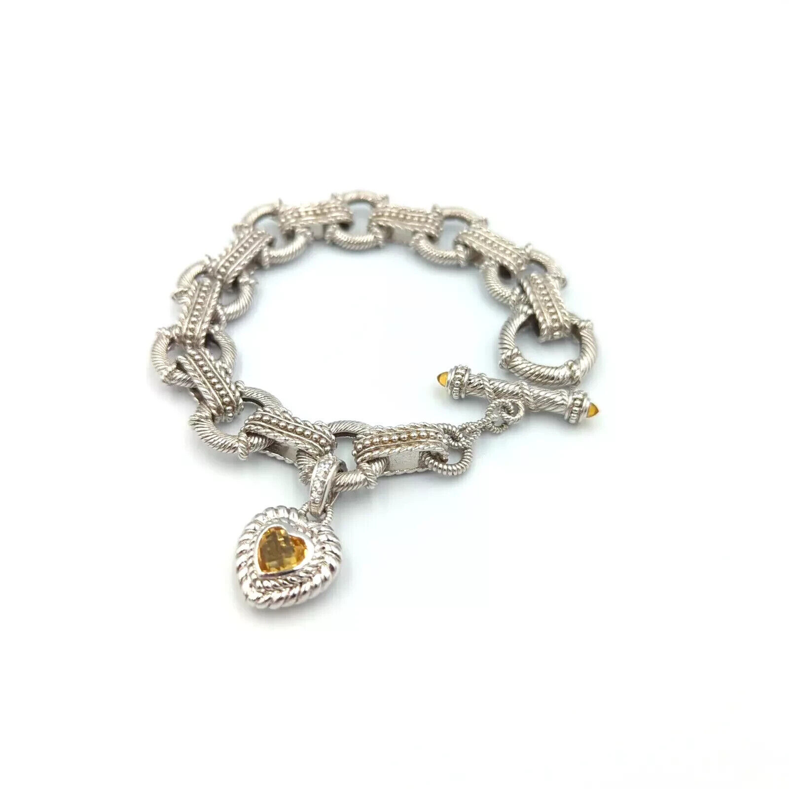 Judith Ripka Sterling Silver CZ & Citrine Heart Charm Link Toggle Bracelet 8.5" - $177.21