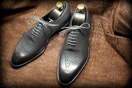 Handmade Men&#39;s Charcoal Gray Brogue Leather dress shoes. Formal shoes fo... - £101.36 GBP+