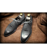 Handmade Men's Charcoal Gray Brogue Leather dress shoes. Formal shoes for men - $128.69 - $158.39