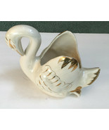 Vintage decorative pottery planter white swan gold trim indoor table dis... - $43.81 CAD
