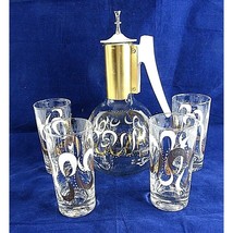 Vintage Serving Carafe 7 Matching Tumblers White Gold Swirl Colony MCM - £41.41 GBP