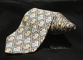 LANDS' END BLACK BLUE ORANGE FLORAL ART DECO SILK NECKTIE TIE STUNNING - $8.96