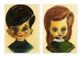 Big-Eyed Children Carney Naive Art Vintage MCM Boy Girl Keane-Inspired Portraits - £776.53 GBP
