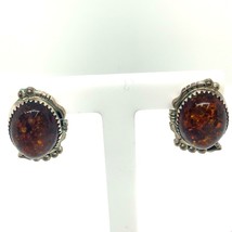 Vintage Signed Sterling RB Robert Becenti Navajo Oval Amber Stone Stud Earrings - £43.52 GBP