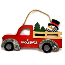 Red Truck Welcome Sign Snowman Christmas Tree Door Wall Hanger 14&quot; - £10.10 GBP