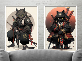 Samurai Cat illustration, Digital download set of 6 artworks, Wall Art P... - $7.00