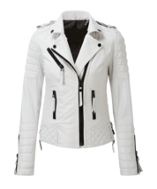 White Leather Jacket Women Biker Moto Pure Lambskin Size S M L XL XXL Cu... - £110.99 GBP