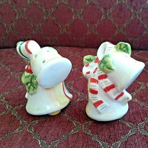 Christmas Holiday Bells Salt And Pepper Shakers With Striped Bows - £7.41 GBP