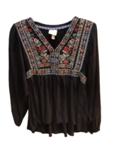 Knox Rose Embroidered Black Floral Tunic Peasant Top Shirt XS Boho blouse - £15.68 GBP