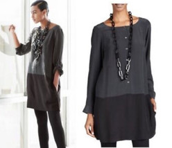Eileen Fisher Silk Crepe de Chine Color-block Sz S Tunic Dress Gray Black button - £51.25 GBP