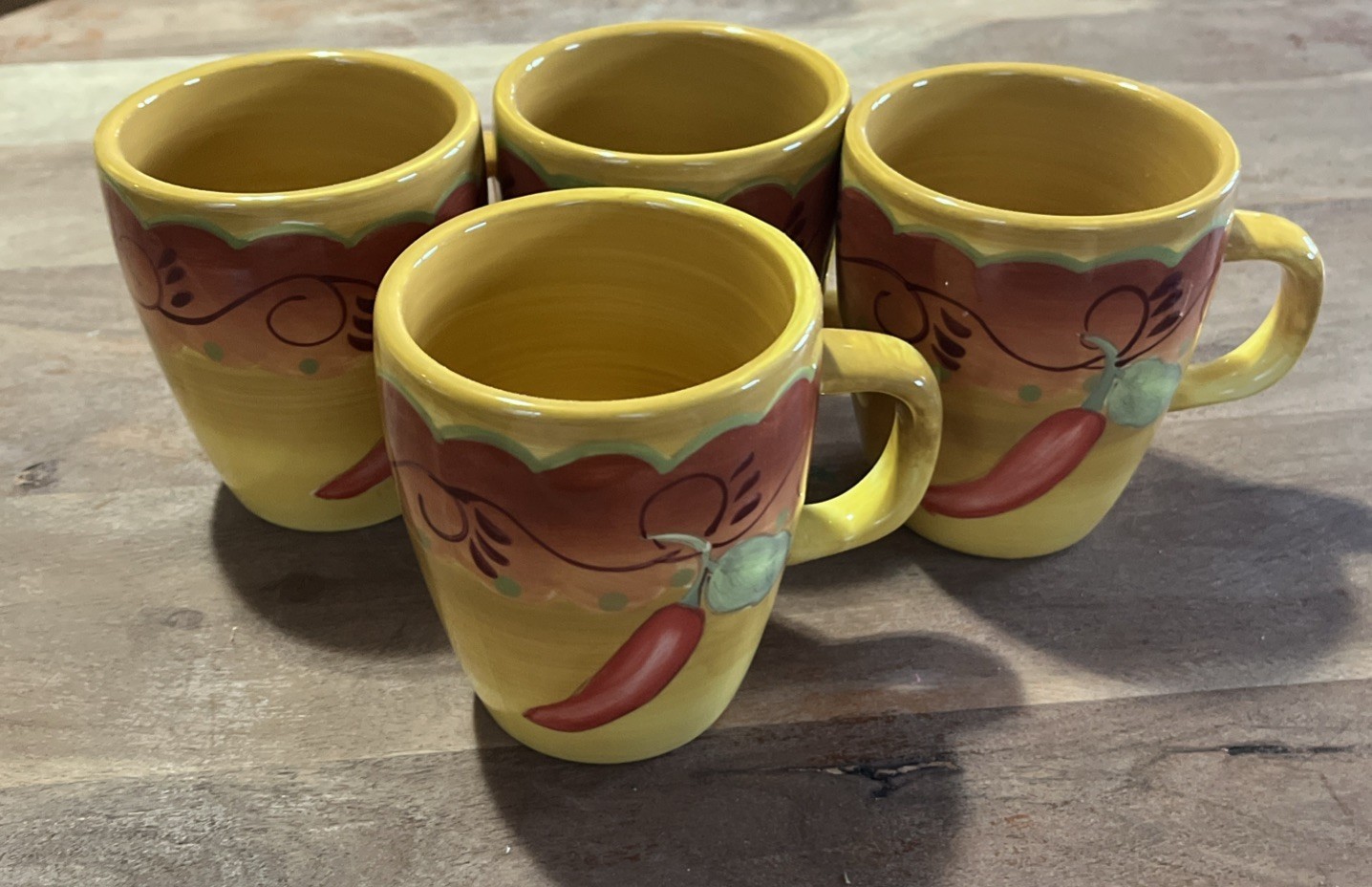 4 Laurie Gates Santa Fe Coffee Mugs Peppers 15 Oz. Yellow Brown Southwes... - $25.00