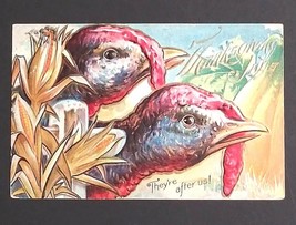 Thanksgiving Joys Turkeys They&#39;re After Us Gold Embossed Antique 1913 Postcard - $7.99