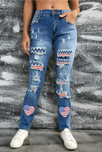 Sky Blue Heart-shape American Flag Patch Frayed Jeans - $689.51 MXN