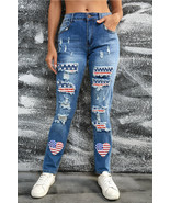 Sky Blue Heart-shape American Flag Patch Frayed Jeans - $36.68