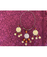 Vintage Necklace &amp; Hanging Earrings Set Amber Colored Beads &amp; Real Coin ... - £9.05 GBP
