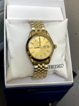 NEW* Seiko SNE058 Men&#39;s Gold Dial Stainless Steel Gold Tone Dress Watch - £92.01 GBP