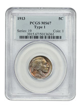 1913 5C PCGS MS67 (Type 1) - $1,018.50