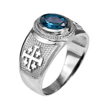 Sterling Silver Jerusalem Cross Blue CZ December Birthstone Ring - £39.10 GBP