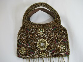 Beaded Party Handbag Bronze Brown Gold Floral Top Handle Shoulder Strap Satin - £17.49 GBP