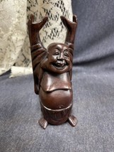 Vintage Happy Buddha Laughing Hand Carved Wood Statue Figure Sculpture 6.75” T - £13.98 GBP
