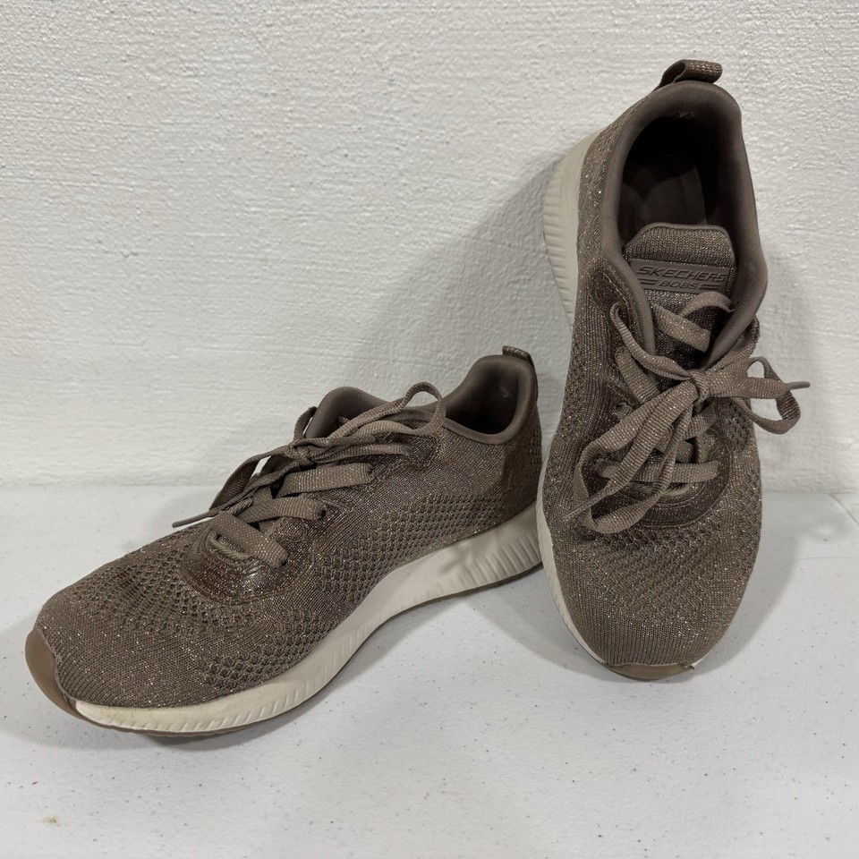 Skechers BOBS Sparkle Knit Lace-Up Sneakers Squad Glitz Taupe Size 7.5 - £7.42 GBP