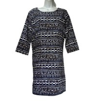 Everly Blue Brown Geometric Print Long Sleeve Sheath Dress Size L - £21.78 GBP