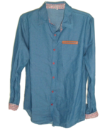 Vintage Jean Shirt 60s 70s CHAMBRAY Denim Gingham Faux Leather Mod L roc... - $39.55