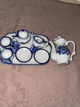 Tea Set, Miniature Porcelain, 10 Pieces Lavender, Teal &amp; White Floral, - $9.89