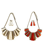 NEW Women Bib Style Necklace &amp; Earrings Chunky Stripes Resin Jewelry Set #6 - £31.38 GBP