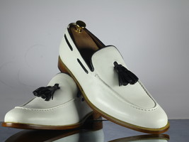 Handmade Men&#39;s White Leather Tassel Dress Loafers, Men Designer Formal Shoes - £114.68 GBP
