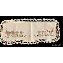 Cottage Hand Embroidered Runner With Crocheted Edges Picket Fence Floral... - $14.84
