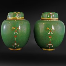Matched Pair of Chinese Green Cloisonné Lidded Jars Circa 1900 - £338.31 GBP