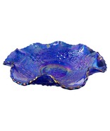 Fenton Glass Blue Iridescent Ruffled Edge Bowl Cherry Design 10&quot; - $161.34 CAD