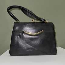 VINTAGE 1960s Gray Leather Handbag With Gold Trim - £11.61 GBP