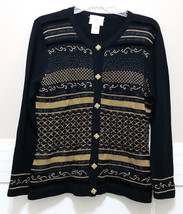 SUSAN BRISTOL Womens Medium Sweater Black Gold Cardigan Hand Embroidered Wool Bl - £38.27 GBP