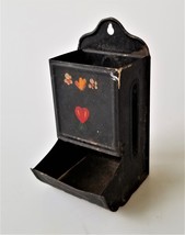 Antique Match Stick Holder Pa Dutch Tole Paint Heart Flower Pressed Tin - £54.82 GBP