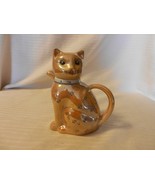 Vintage Ceramic Cat Creamer with Handle Light Brown with Blue Flowers - $47.50