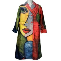 Women&#39;s Color Block Abstract Face Art to Wear Trench Coat Size S - $39.59