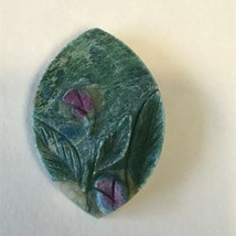 Finely Carved Mottled Green W Fuschia Pink Flowers Stone Pendant or Other Use – - £26.39 GBP