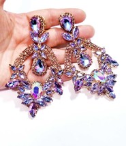 Rhinestone CLIP ON Earrings, Oversized Chandelier Earrings, Purple Drop Pageant  - £47.30 GBP