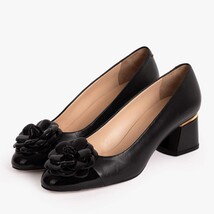 The Diva Black Leather Cap Toe Block Heel Pump Women Shoe image 3