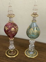 2x Mouth Blown Egyptian Glass Bottle Gold Painted Pyrex Glass 9&quot; - £43.25 GBP