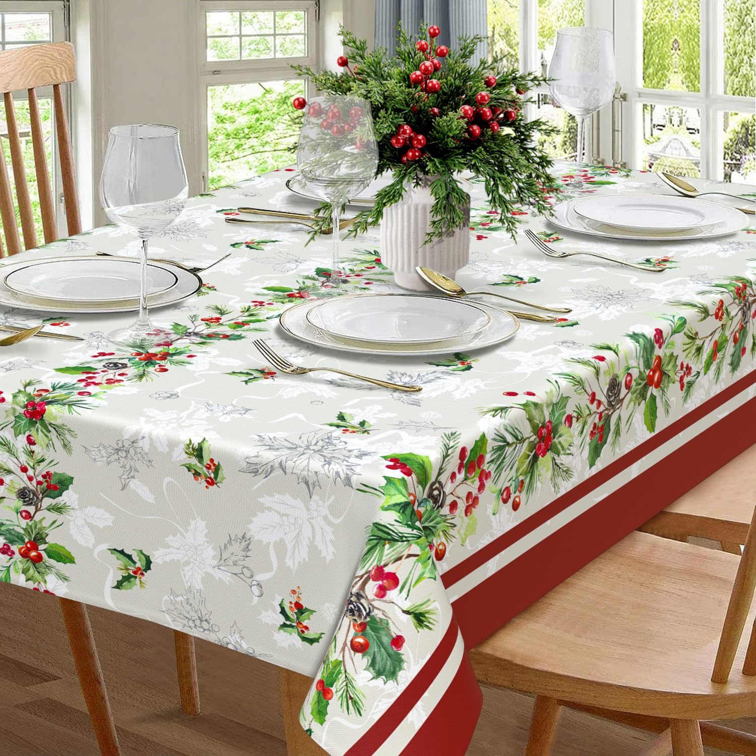 Christmas Red Poinsettia Flower Tablecloth, Merry Christmas Table Cloth Waterpro