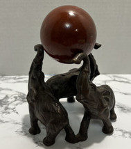 Brass Triple Three Lucky Elephants Holding Polished Red Agate Stone Sphere - £39.50 GBP