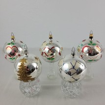 Handpainted Blown Glass Ball Ornament Lot 5 Silver XMAS Poland 3&quot; Mercury Vtg - £18.14 GBP