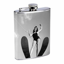 Vintage Skiing Skier Skis D49 Flask 8oz Stainless Steel Hip Drinking Whiskey B&amp;W - £11.65 GBP
