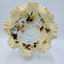 Antique Victorian Art Glass Ruffle Handpainted Bowl Large Floral - £143.22 GBP